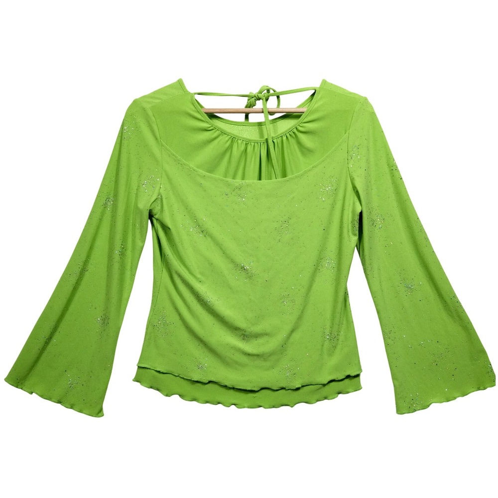 Y2K‎ Lime Green Sparkle Top Tie Back Flare Sleeve Lettuce Hem Size Small